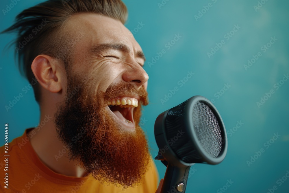 Poster a man with a beard passionately singing into a microphone. perfect for music events or performances