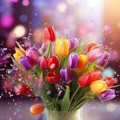 Bukiet kolorowych tulipanów. Kartka na dzień kobiet 8 marca. Piękny bukiet kwiatów na prezent.