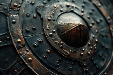 A detailed view of a metal shield with rivets. This versatile image can be used in various projects and designs