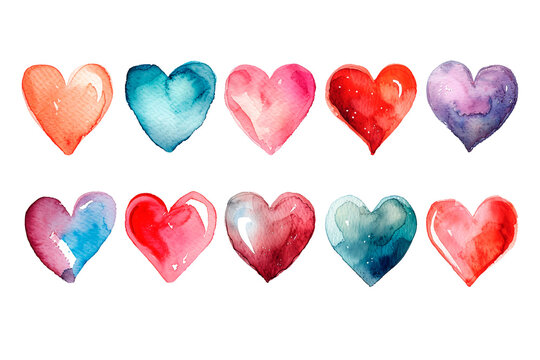 Set of watercolor clipart colored hearts