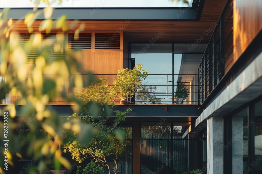 Aufkleber a picture of a house with a balcony and a tree in front of it. suitable for real estate, home design