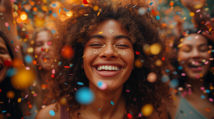 Capture the joy of a triumphant business milestone with a diverse team celebrating amidst confetti—a moment of happiness frozen in time.