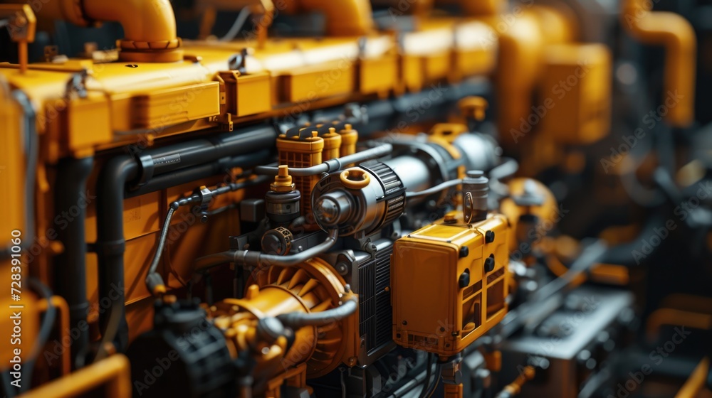 Poster a close up view of a yellow engine on a truck. this image can be used to showcase the details of a t