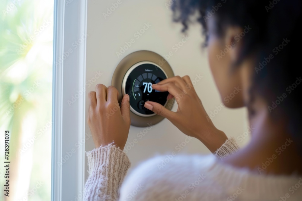 Poster a woman is seen adjusting a thermostat on the wall. this versatile image can be used to illustrate c