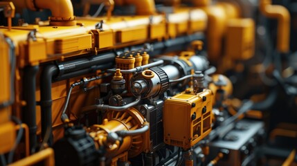 A close up view of a yellow engine on a truck. This image can be used to showcase the details of a truck engine or for illustrating topics related to transportation and automotive industry