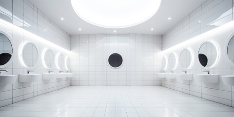 Contemporary public toilet with minimal white tile interior, round mirrors, and a men's perspective.