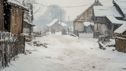 Winter scene, snow-covered hamlet, frigid weather.
