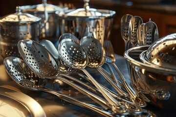 A collection of silver spoons neatly arranged on a countertop. Perfect for kitchen and dining related projects
