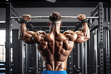 Fototapeta na wymiar Muscular man doing pull-ups in the gym.