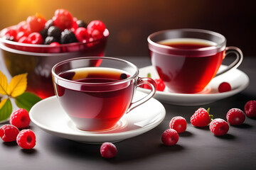 Two cups of delicious red tea with fresh berries placed on a rustic wooden table in a cozy setting.