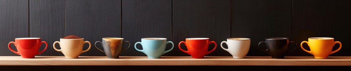 Espresso Cups in a Row on Shelf Against Dark Background, A wide banner ,.