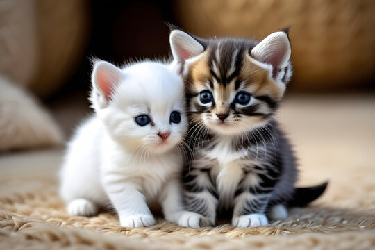 Two cute kittens cuddling on a straw mat, looking at the camera with big blue eyes.