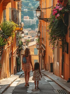 Fototapeta A female traveler and her child strolling through the narrow alleys of Nice, France. Family vacation idea.