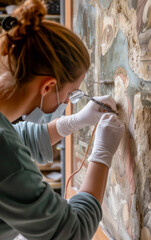 A professional restorer is restoring an ancient fresco