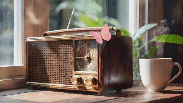 an old radio beside the window 
