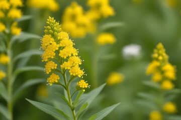 Close-up of bright yellow wildflowers in a field with a blurred background