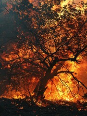 A blazing tree. City threatened by wildfire, endangering drivers and passengers. Deadly inferno.