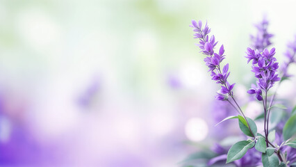 A field of purple flowers, with a blurred green and purple background and bokeh effects.