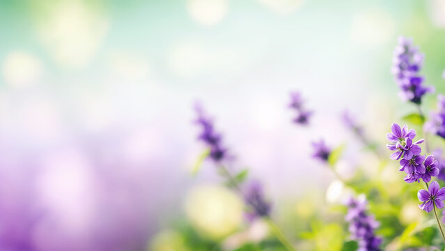 A field of purple flowers, with a blurred green and purple background and bokeh effects.