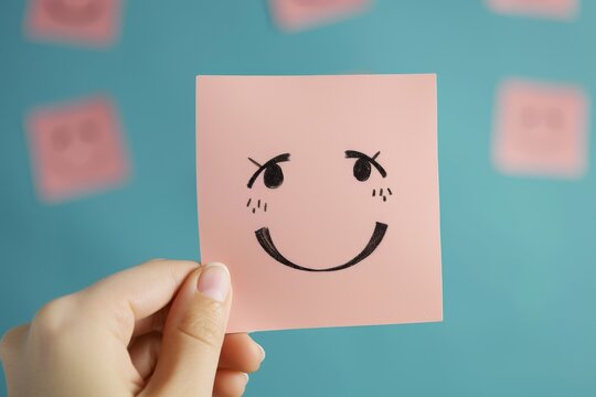 Happy Smiley Emoji service excellence Emoticon, colored Symbol creative poster. Smiling face user feedback. Joyfull gleeful big smile. cheerful symbol client rating and customer feedback