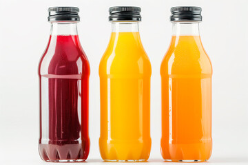 Three bottles of natural vegetable or fruit juices with black caps without labels isolated on a white background 