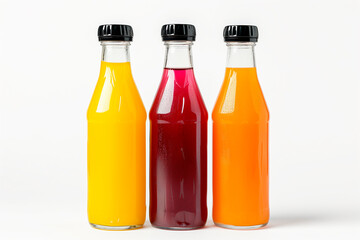 Three bottles of natural vegetable or fruit juices with black caps without labels isolated on a white background 