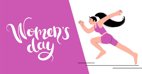 International Womens Day horizontal banner. Girl athlete runs forward. Girl power concepts.