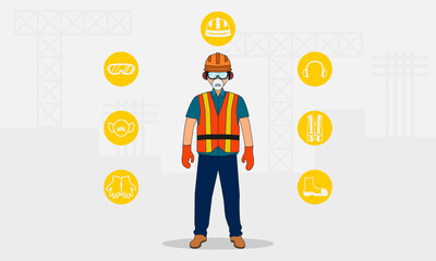 Safety equipment. Worker with personal protective equipment. Vector illustration. - obrazy, fototapety, plakaty