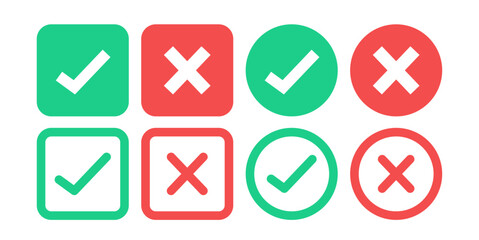 Check mark icon set with editable strokes. Accepted, rejected, approved, disapproved, right, wrong, correct, false, true, done symbols. Green and red stock illustration