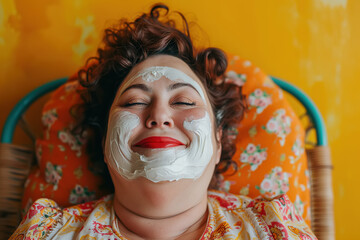 Portrait of a positive plump adult woman plus size skin care, enjoying woman with closed eyes and cream on her face lying. Women's beauty and wellbeing