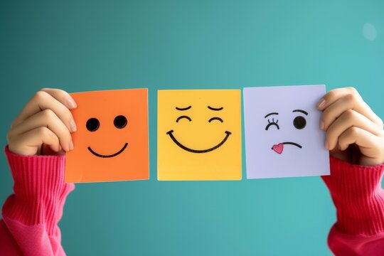 Naklejki Happy Smiley Emoji collective unity Emoticon, colored Symbol rating system. Smiling face feedback. Joyfull slow down big smile. audience engagement client rating and customer feedback