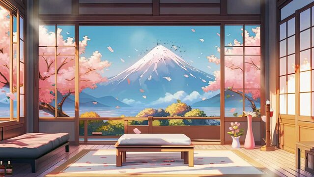 Japanese house interior in spring with cherry blossoms and mountain, cartoon or anime watercolor digital painting illustration style, seamless looping 4k video animation background