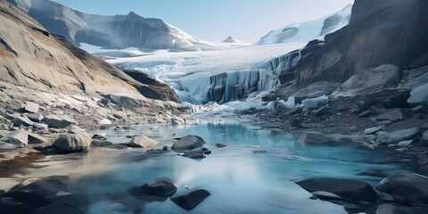 Melting Glaciers Cascading Down A Rocky Mountain
