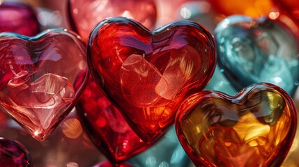Glass small red hearts close up. For any design for Valentine's Day, lovers, Mother's Day, International Women's Day.