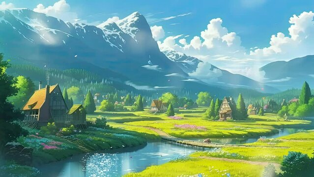 seamless looping 4k animation depicts a scenic village with mountains, rivers, flowers in a anime or cartoon watercolor painting style