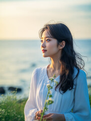 海辺に立つ花を持って遠くを見る美しい女性