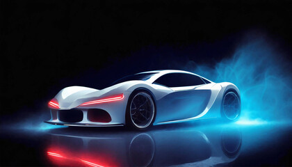 Elegant futuristic, white shiny car of the future, headlights on, blue smoke
