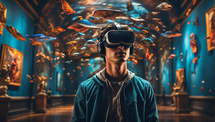 Young man wearing a virtual reality headset