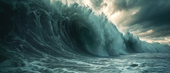 Powerful ocean huge waves and stormy seas, intensity of a tsunami, banner