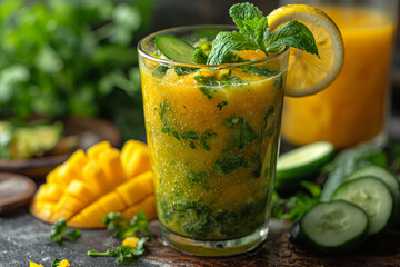 Mango-cucumber smoothie in a glass on the table.