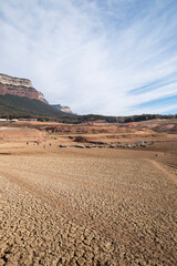 Landscape of the Sau reservoir reservoir with four percent water in the worst drought in the history of Catalonia