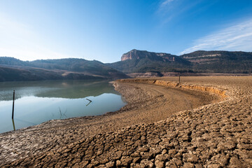 Landscape of the Sau reservoir reservoir with four percent water in the worst drought in the...