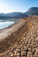 Landscape of the Sau reservoir reservoir with four percent water in the worst drought in the...
