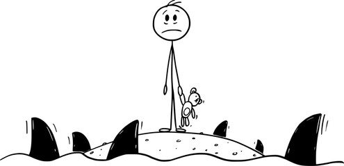 Child Alone on Island Divided by Sea of Sharks, Vector Cartoon Stick Figure Illustration