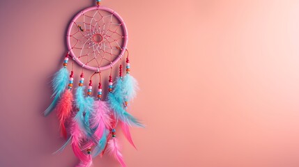 Vibrant dreamcatcher adorned with feathers and beads against a soft pink backdrop