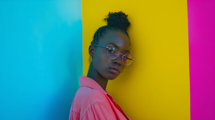 Girl in bright clothes spins freely and poses against the background of a monochrome wall, with studio lighting