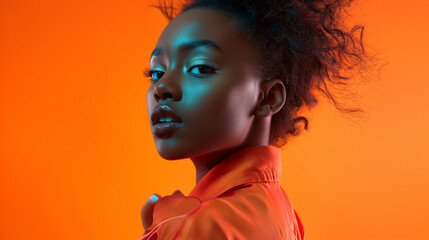 Girl in bright clothes spins freely and poses against the background of a monochrome wall, with studio lighting