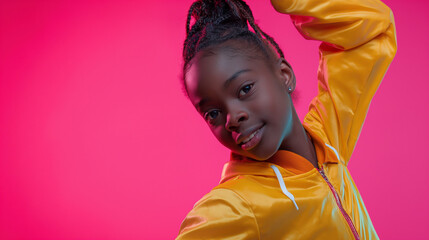 Girl in bright clothes spins freely and poses against the background of a monochrome wall, with studio lighting