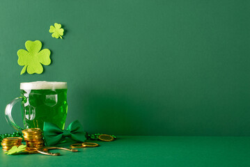 Expansive St. Patrick's Day imagery: Sideways glance at frothy beer, green clovers, gold coins,...