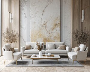living room, marble wall and chic expensive interior of a luxurious country house with a modern design